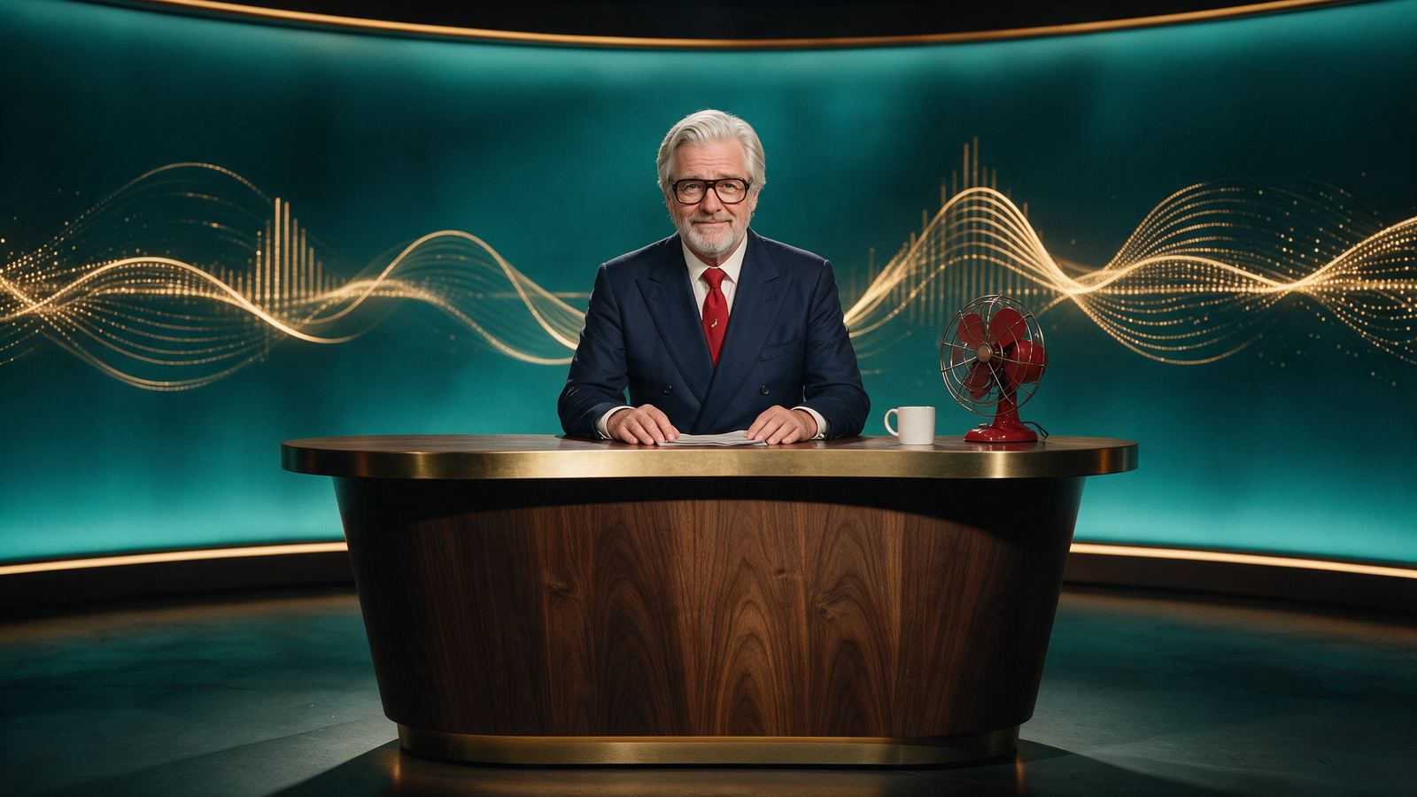 Desmond Crane at the newsroom desk of The Daily Earworm
